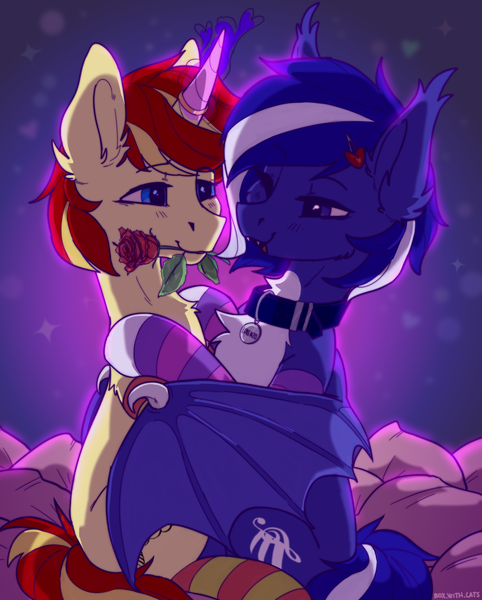 Size: 1607x2000 | Tagged: safe, artist:cherry_kotya, derpibooru import, oc, oc:lorenzo lovers, oc:rainey lovers, unofficial characters only, bat pony, pony, unicorn, clothes, collar, flower, flower in mouth, hairpin, hug, magic, mouth hold, pillow, rose, socks, sparkles, striped socks, winghug