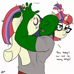 Size: 1500x1500 | Tagged: suggestive, artist:pony quarantine, derpibooru import, moondancer, oc, oc:anon, human, pony, unicorn, bandage, blushing, butt, butt touch, carrying, clothes, duo, female, glasses, hand on butt, human male, implied canon x oc, implied human on pony action, implied interspecies, implied satyr, male, mare, plot, shirt, simple background, spank mark, spanking, text, this will end in pregnancy, underhoof, white background