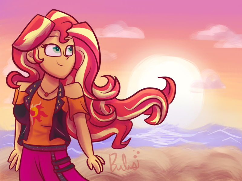 Size: 2000x1500 | Tagged: safe, artist:bubbly-storm, derpibooru import, sunset shimmer, equestria girls, equestria girls series, beach, clothes, cloud, cutie mark, cutie mark on clothes, female, geode of empathy, magical geodes, signature, skirt, smiling, solo, sun, sunset, vest