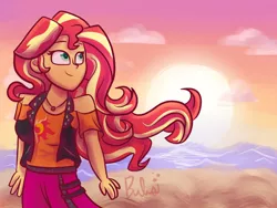 Size: 2000x1500 | Tagged: safe, artist:bubbly-storm, derpibooru import, sunset shimmer, equestria girls, equestria girls series, beach, clothes, cloud, cutie mark, cutie mark on clothes, female, geode of empathy, magical geodes, signature, skirt, smiling, solo, sun, sunset, vest