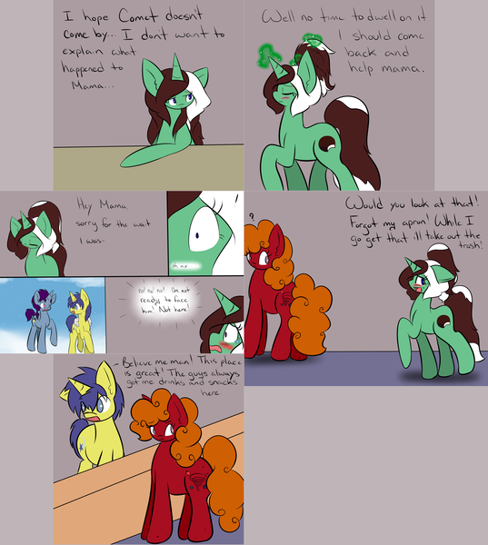 Size: 2562x2860 | Tagged: safe, artist:kaggy009, derpibooru import, comet tail, oc, oc:mama j, oc:peppermint pattie (unicorn), earth pony, pony, unicorn, ask peppermint pattie, female, mare