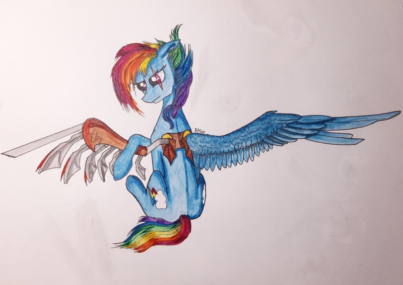 Size: 2560x1808 | Tagged: safe, artist:rainbowmoron, derpibooru import, rainbow dash, pony, amputee, artificial wings, augmented, prosthetic limb, prosthetic wing, prosthetics, solo, traditional art, wings
