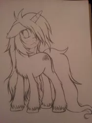 Size: 960x1280 | Tagged: safe, artist:homumu, derpibooru import, oc, oc:andromeda, unofficial characters only, pony, unicorn, female, hair over one eye, horn, lineart, mare, messy mane, simple background, solo, traditional art, unicorn oc, unshorn fetlocks