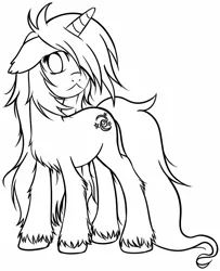 Size: 1038x1280 | Tagged: safe, artist:homumu, derpibooru import, oc, oc:andromeda, unofficial characters only, pony, unicorn, female, hair over one eye, horn, lineart, mare, messy mane, simple background, solo, unicorn oc, unshorn fetlocks, white background