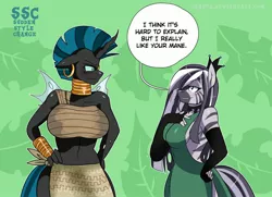 Size: 2460x1784 | Tagged: safe, artist:traupa, derpibooru import, queen chrysalis, zecora, anthro, changeling, changeling queen, zebra, alternate hairstyle, backless, big breasts, breasts, busty queen chrysalis, busty zecora, clothes, clothes swap, ear piercing, evening, evening gloves, female, fingerless elbow gloves, fingerless gloves, gloves, hair over one eye, huge breasts, long gloves, mane swap, midriff, neck rings, piercing, reversalis, roleplaying, sexy, sideboob, side slit, sudden style change, wide hips