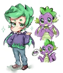 Size: 925x1076 | Tagged: safe, artist:kmprsyaa, derpibooru import, spike, dragon, human, baby, baby dragon, clothes, cute, humanized, jeans, pants, shoes, simple background, smiling, speech bubble, spikabetes, sweater, white background, winged humanization, winged spike, wings