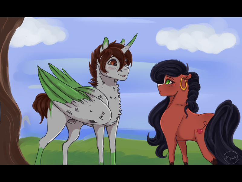 Size: 3380x2536 | Tagged: questionable, artist:inyah, derpibooru import, oc, oc:cherry, oc:rick, unofficial characters only, alicorn, earth pony, pony, alicorn oc, blushing, ear piercing, earring, female, horn, jewelry, male, mare, piercing, stallion, two toned wings, wings