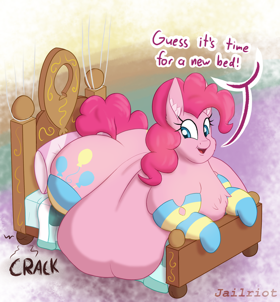 Size: 2500x2700 | Tagged: questionable, artist:jailriot, derpibooru import, pinkie pie, earth pony, pony, bed, bedroom, belly, big belly, cheek fluff, chest fluff, chubby cheeks, clothes, dialogue, double chin, ear fluff, fat, fat fetish, female, fetish, flabby chest, fluffy, furniture abuse, high res, huge belly, impossibly large belly, large butt, mare, morbidly obese, obese, piggy pie, pinkie's room, prone, pudgy pie, rolls of fat, smiling, socks, solo, striped socks, sugarcube corner, torn clothes