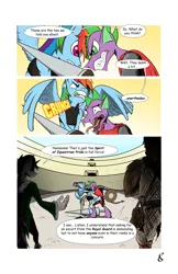 Size: 3850x5950 | Tagged: safe, artist:mlpryze, derpibooru import, rainbow dash, spike, oc, oc:arcane knight, oc:spirit strider, anthro, dragon, pegasus, unicorn, arena, biting, comic, dialogue, fight, shield