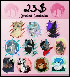 Size: 3739x4095 | Tagged: safe, artist:theblackcatstale, deleted from derpibooru, derpibooru import, oc, unofficial characters only, anthro, dog, earth pony, pegasus, pony, zebra, :p, abstract background, advertisement, anthro with ponies, bust, commission info, earth pony oc, female, floating wings, floral head wreath, flower, furry, hair over one eye, male, neckerchief, pegasus oc, stallion, tongue out, wings, zebra oc