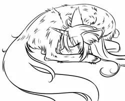 Size: 1280x1036 | Tagged: safe, artist:homumu, derpibooru import, oc, oc:andromeda, unofficial characters only, pony, unicorn, curled up, eyes closed, female, horn, lineart, mare, monochrome, sleeping, solo, unicorn oc