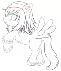 Size: 597x697 | Tagged: safe, artist:catswalkby, artist:homumu, artist:sleepymomo, derpibooru import, oc, unofficial characters only, pegasus, pony, andaimaru, butt wings, ear fluff, headband, lineart, miss stella starlite, original art, partial color, pegasus oc, rearing, sketch, sleepymomo, solo, unshorn fetlocks, wings