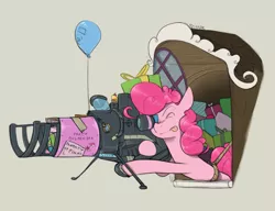 Size: 1300x1000 | Tagged: safe, artist:sinrar, derpibooru import, pinkie pie, earth pony, pony, aiming, balloon, cake, cupcake, food, launcher, partillery, present, simple background, sketch, solo, tan background