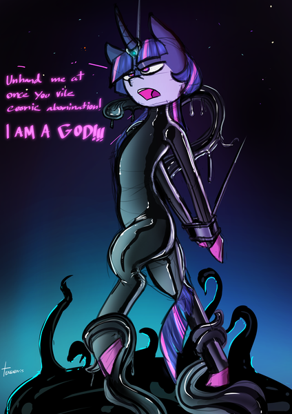 Size: 4961x7016 | Tagged: alternate design, alternate universe, arm behind back, artist:tenenbris, bondage, cuffs, derpibooru import, horn, horn ring, imminent rape, imminent sex, latex, latex suit, ring, space, stars, suggestive, tentacles, twilight sparkle