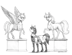 Size: 1400x1077 | Tagged: safe, artist:baron engel, derpibooru import, oc, oc:marble vein, unofficial characters only, earth pony, pegasus, unicorn, boots, bowtie, clothes, female, grayscale, mare, monochrome, pencil drawing, shoes, simple background, solo, statue, traditional art, vest, white background