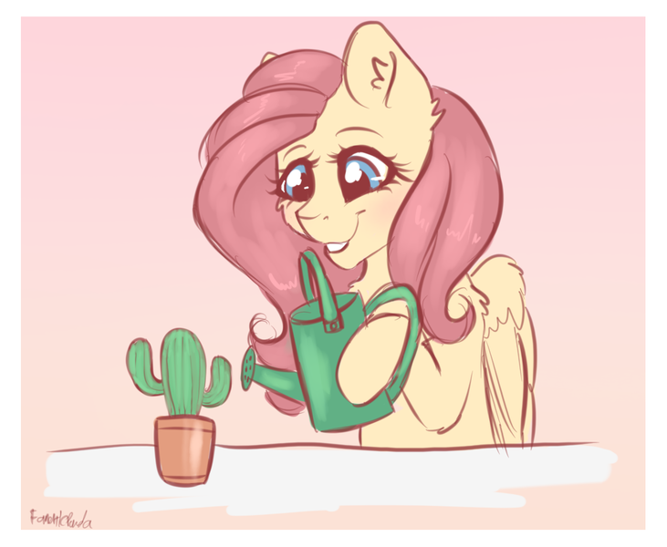 Size: 1085x890 | Tagged: safe, artist:fanaticpanda, derpibooru import, fluttershy, pegasus, pony, cactus, cute, ear fluff, female, hoof hold, mare, potted plant, shyabetes, smiling, solo, watering can