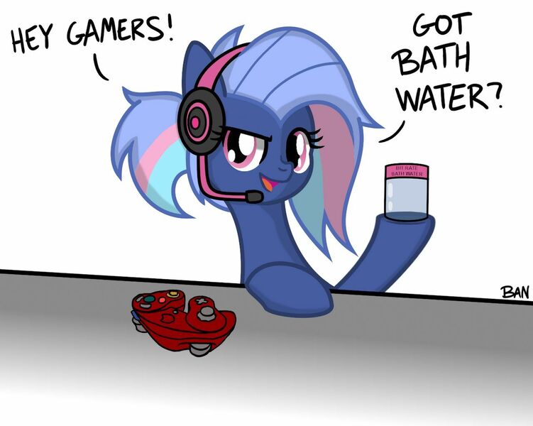 Size: 1280x1022 | Tagged: safe, artist:banquo0, derpibooru import, oc, oc:bit rate, earth pony, bath water, controller, earth pony oc, gamecube controller, gamer girl, gamer girl bath water, headphones, meme, solo, text