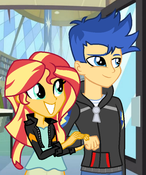 Size: 605x723 | Tagged: safe, artist:mlp-lolada, derpibooru import, flash sentry, sunset shimmer, equestria girls, clothes, female, flashimmer, jacket, male, shipping, smiling, straight