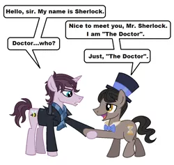 Size: 1064x1008 | Tagged: safe, artist:vgc2001, derpibooru import, bee, earth pony, insect, unicorn, bowtie, clothes, coat, crossover, doctor who, eleventh doctor, hat, hourglass, male, natural deduction, raggedy doctor, reference, scarf, sherlock, sherlock holmes, stallion, top hat, wholock