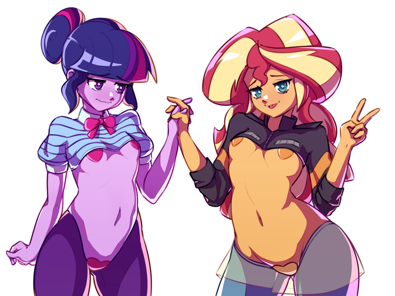 Size: 2000x1500 | Tagged: questionable, artist:rockset, derpibooru import, sci-twi, sunset shimmer, twilight sparkle, equestria girls, belly button, blushing, breasts, clothes, female, heart pasties, holding hands, lesbian, lidded eyes, looking at you, maebari, open clothes, partial nudity, pasties, peace sign, reverse bunny suit, scitwishimmer, shipping, simple background, sunsetsparkle, tongue out, white background