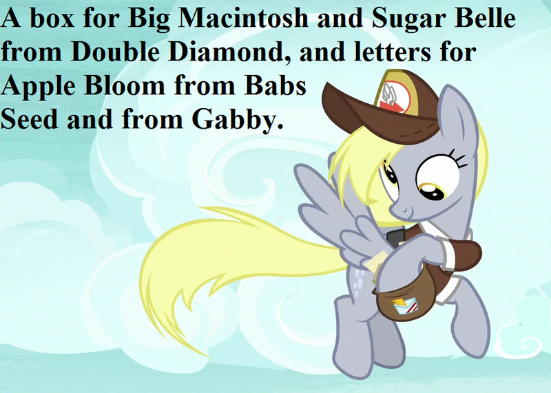 Size: 896x640 | Tagged: cropped, cute, derpabetes, derpibooru import, derpy hooves, edit, edited screencap, hat, implied apple bloom, implied babs, implied babs seed, implied big macintosh, implied gabby, implied sugar belle, mailbag, mailmare hat, mailmare uniform, redone, safe, school raze, screencap, speech, talking