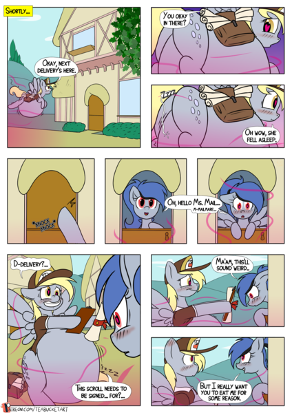 Size: 955x1350 | Tagged: questionable, artist:teabucket, deleted from derpibooru, derpibooru import, derpy hooves, oc, oc:acela, pegasus, pony, comic:poison apple, belly, big belly, blushing, bubble butt, butt, comic, cute, derpypred, dialogue, endosoma, female, fetish, flying, frog (hoof), heart eyes, huge belly, imminent vore, mailmare, mare, onomatopoeia, patreon, patreon logo, plot, same size vore, sleeping, sound effects, underhoof, vore, wingding eyes, zzz