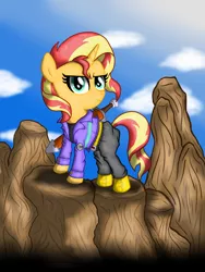 Size: 3024x4032 | Tagged: safe, artist:background basset, derpibooru import, sunset shimmer, pony, unicorn, capsule corp, clothes, cosplay, costume, dragon ball z, future trunks, mirai trunks, parody, solo, sword, weapon