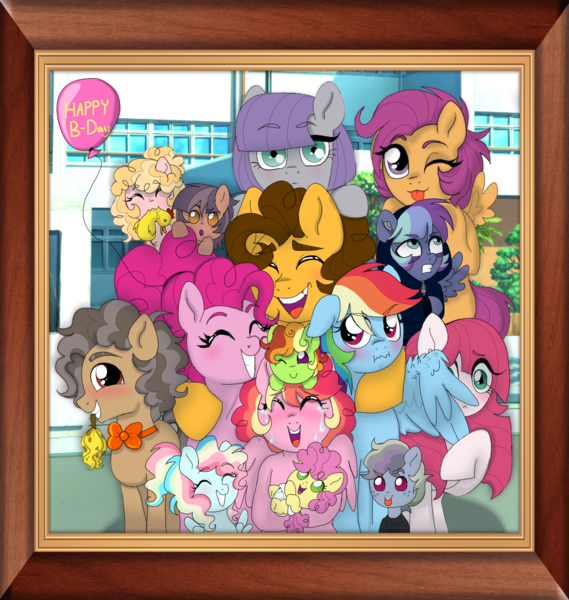 Size: 1153x1215 | Tagged: safe, artist:unoriginai, deleted from derpibooru, derpibooru import, cheese sandwich, li'l cheese, maud pie, pinkie pie, rainbow dash, scootaloo, oc, oc:celery snap, oc:chicken pot pie, oc:garage rock, oc:geode, oc:monochrome mayhem, oc:slapstick, oc:sugar crash, oc:sweet potato pie, pony, the last problem, baby, baby pony, balloon, crying, cute, family, family photo, looking at you, magical lesbian spawn, next generation, offspring, older, older cheese sandwich, older pinkie pie, parent:cheese sandwich, parent:maud pie, parent:pinkie pie, parent:rainbow dash, parents:cheesepie, parents:maudwich, parents:pinkiedash, picture, picture frame, tears of joy, twins