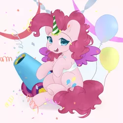 Size: 768x768 | Tagged: safe, artist:hapinkie, derpibooru import, pinkie pie, earth pony, pony, magical mystery cure, alicorn costume, balloon, chest fluff, clothes, confetti, costume, cute, diapinkes, fake horn, fake wings, female, hat, looking at you, mare, open mouth, party cannon, party hat, simple background, sitting, solo, streamers, white background