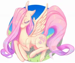 Size: 1280x1079 | Tagged: safe, artist:drownzee, derpibooru import, fluttershy, pegasus, pony, abstract background, cute, deviantart watermark, female, hair over one eye, lidded eyes, mare, obtrusive watermark, prone, shyabetes, solo, spread wings, watermark, wings