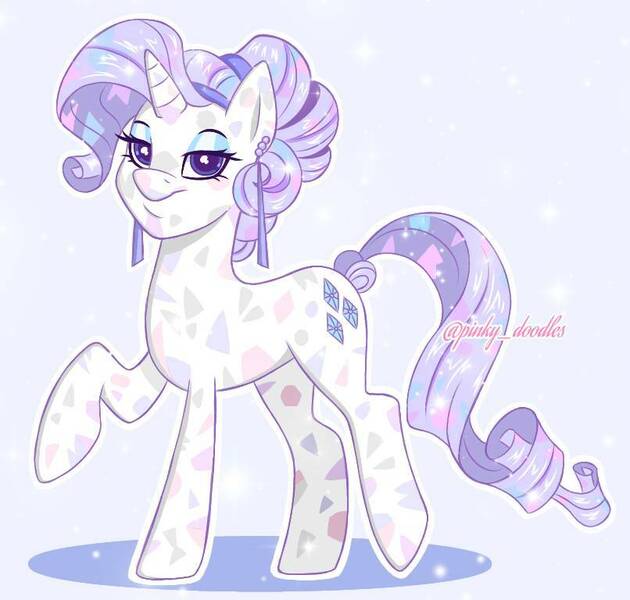 Size: 806x768 | Tagged: artist:pinkyydoodles, crystal pony, crystal rarity, derpibooru import, ear piercing, earring, jewelry, one hoof raised, piercing, rarity, safe, signature, smiling, solo