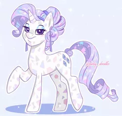 Size: 806x768 | Tagged: artist:pinkyydoodles, crystal pony, crystal rarity, derpibooru import, ear piercing, earring, jewelry, one hoof raised, piercing, rarity, safe, signature, smiling, solo