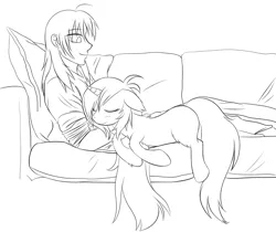 Size: 1181x992 | Tagged: safe, artist:homumu, derpibooru import, oc, unofficial characters only, human, pony, unicorn, couch, duo, eyes closed, horn, lineart, messy mane, monochrome, sitting, sleeping, snuggling, unicorn oc