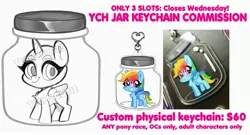 Size: 3081x1669 | Tagged: safe, artist:techycutie, derpibooru import, rainbow dash, alicorn, pegasus, pony, commission, cursed image, female, jar, keychain, lewd container meme, photo, sale, the implications are horrible, your character here