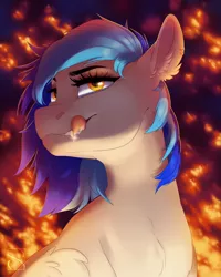 Size: 2400x3000 | Tagged: safe, artist:silentwulv, derpibooru import, oc, oc:coldfire, unofficial characters only, pony, bust, fangs, fire, high res, solo, tongue out