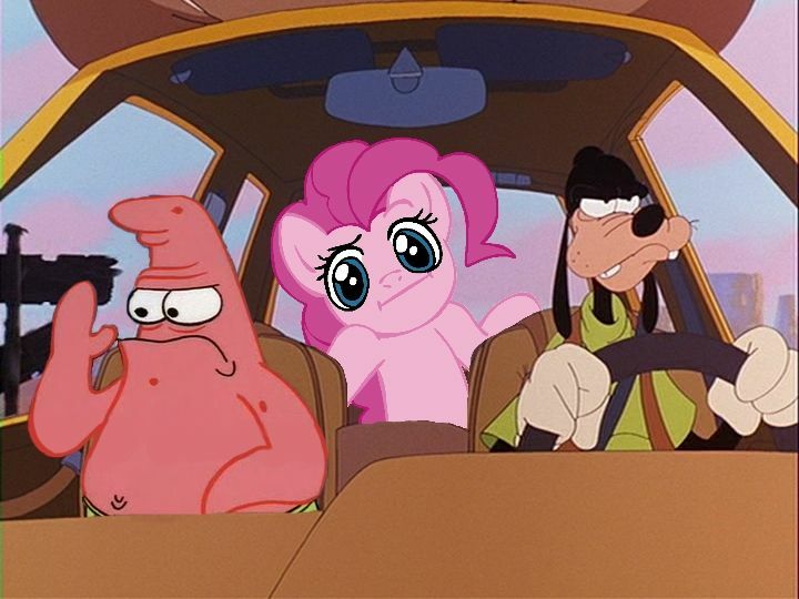 Size: 720x540 | Tagged: a goofy movie, car, crossover, derpibooru import, edit, goofy, meme, patrick star, pinkie pie, safe, shrug, shrugpony, spongebob squarepants