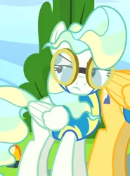 Size: 508x687 | Tagged: safe, derpibooru import, screencap, mountain haze, vapor trail, pegasus, pony, top bolt, clothes, cropped, female, folded wings, glare, goggles, looking to side, mare, solo focus, uniform, vapor trail is not amused, wings, wonderbolt trainee uniform