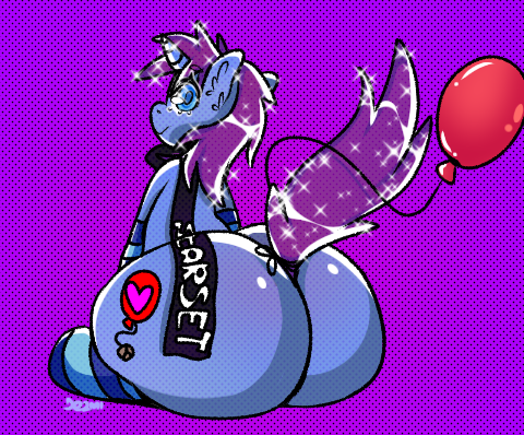 Size: 480x398 | Tagged: suggestive, artist:dezmi, derpibooru import, oc, oc:mobian, unofficial characters only, pony, unicorn, balloon, butt, clothes, commission, cutie mark, huge butt, impossibly large butt, large butt, looking at you, looking back, looking back at you, male, scarf, simple background, sitting, socks, solo, solo male, stallion, striped socks, ych result