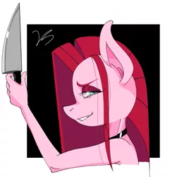 Size: 845x866 | Tagged: safe, artist:vreshkashowers, derpibooru import, pinkie pie, anthro, earth pony, fanfic:cupcakes, creepy, creepypasta, creepy smile, fanart, knife, pinkamena diane pie, smiling