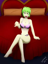 Size: 1500x2000 | Tagged: suggestive, artist:drake-rex, derpibooru import, cherry crash, equestria girls, barefoot, beckoning, bed, bedroom eyes, bra, breasts, busty cherry crash, chevan, cleavage, clothes, commission, crossed legs, feet, female, gesture, imminent sex, legs, looking at you, panties, sexy, solo, solo female, thighs, underwear