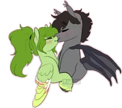 Size: 788x699 | Tagged: safe, artist:liefsong, derpibooru import, oc, oc:lief, oc:windwalker, unofficial characters only, bat pony, hippogriff, pegasus, blushing, bust, couple, cute, ear blush, eyes closed, feathered fetlocks, kissing, simple background, transparent background, unshorn fetlocks, windsong, wings