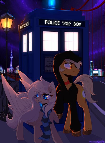 Size: 1700x2300 | Tagged: safe, artist:hakkerman, artist:hakkerman5, derpibooru import, oc, oc:mirta whoowlms, unofficial characters only, earth pony, pegasus, pony, doctor who, duo, lamppost, sonic screwdriver, tardis