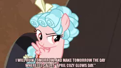 Size: 1280x720 | Tagged: safe, derpibooru import, edit, edited screencap, editor:jaredking203, screencap, cozy glow, pegasus, pony, frenemies (episode), bow, caption, female, filly, freckles, image macro, meme, red eyes, smiling, smirk, solo, text