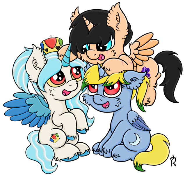 Size: 1969x1858 | Tagged: safe, artist:dawn-designs-art, derpibooru import, oc, oc:lunar master, oc:nicholas spacers, oc:queensland brony, alicorn, pony, black mane, blue coat, blue eyes, blue mane, blue wings, cream coat, crown, friendship, group, happy, jewelry, red eyes, regalia, simple background, tan coat, transparent background, yellow mane