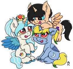 Size: 1969x1858 | Tagged: safe, artist:dawn-designs-art, derpibooru import, oc, oc:lunar master, oc:nicholas spacers, oc:queensland brony, alicorn, pony, black mane, blue coat, blue eyes, blue mane, blue wings, cream coat, crown, friendship, group, happy, jewelry, red eyes, regalia, simple background, tan coat, transparent background, yellow mane