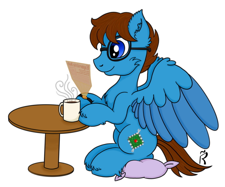 Size: 1920x1600 | Tagged: safe, artist:dawn-designs-art, derpibooru import, oc, oc:nimbus, unofficial characters only, pegasus, pony, blue coat, blue eyes, brown mane, coffee, coffee mug, cushion, glasses, male, mug, news, simple background, sitting, solo, stallion, table, transparent background