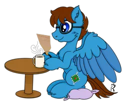 Size: 1920x1600 | Tagged: safe, artist:dawn-designs-art, derpibooru import, oc, oc:nimbus, unofficial characters only, pegasus, pony, blue coat, blue eyes, brown mane, coffee, coffee mug, cushion, glasses, male, mug, news, simple background, sitting, solo, stallion, table, transparent background