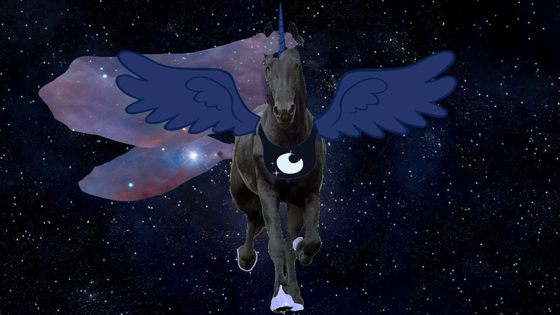 Size: 1280x720 | Tagged: 1000 years in photoshop, alicorn, chest plate, crescent moon, derpibooru import, ethereal mane, hoof shoes, horse, irl, irl horse, moon, nebula, photo, photoshop, princess luna, safe, space, starry mane, starry tail, wings