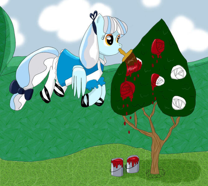 Size: 1200x1077 | Tagged: safe, artist:phasingirl, derpibooru import, ponified, pegasus, pony, alice, alice in wonderland, bow, clothes, dress, flower, mouth hold, paint, paintbrush, ribbon, rose, shoes, socks, solo, tail bow, tree