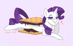 Size: 1009x641 | Tagged: safe, artist:pinkyydoodles, derpibooru import, rarity, pony, unicorn, chocolate, female, food, mare, marshmallow, outline, prone, rarity is a marshmallow, s'mores, smiling, solo, waffle